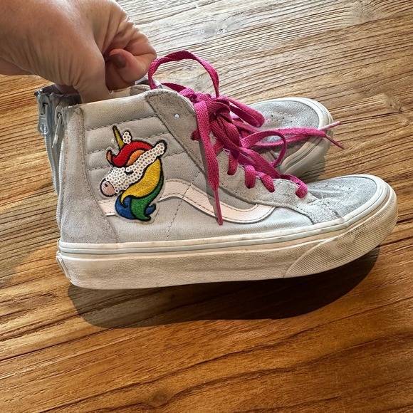 Vans High Top Suede Girls Zip Sneakers Pale Blue Sequin Unicorn - Picture 1 of 11